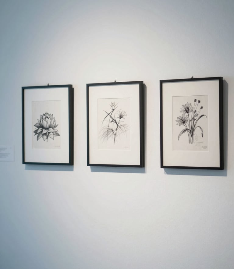 A minimalist, sunlit gallery wall showing three framed monochrome sketches hanging in perfect alignment, clean shadows, soft blue and charcoal tones, 35mm