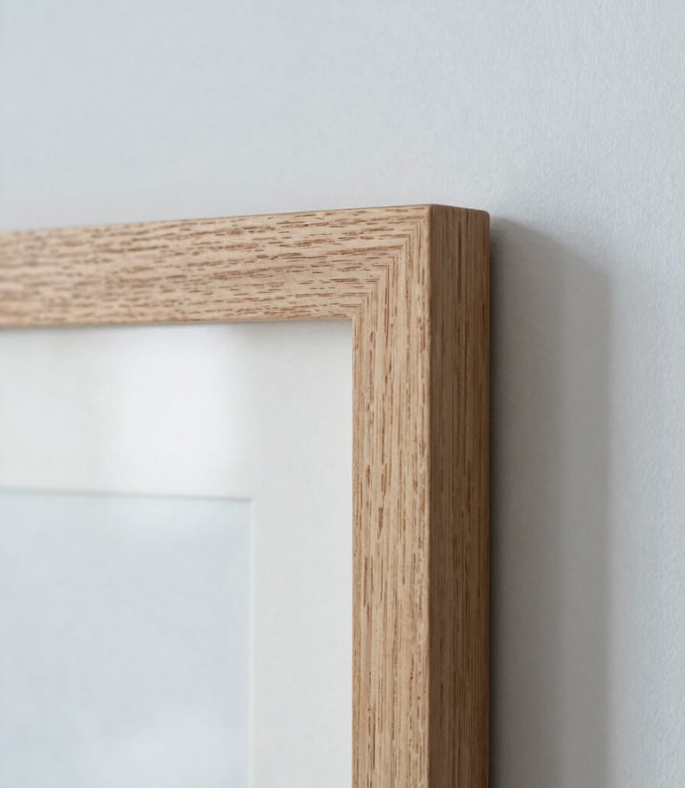 Close-up macro shot of a minimalist natural oak frame corner, soft north-facing daylight, clean shadows, shallow depth of field, 35mm