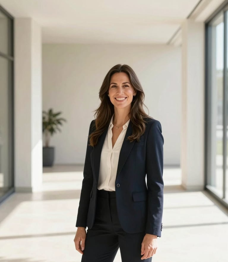 Professional warm portrait of Hannah Call, a female real estate agent, smiling, bright natural daylight, modern neutral interior background, high-key lighting.