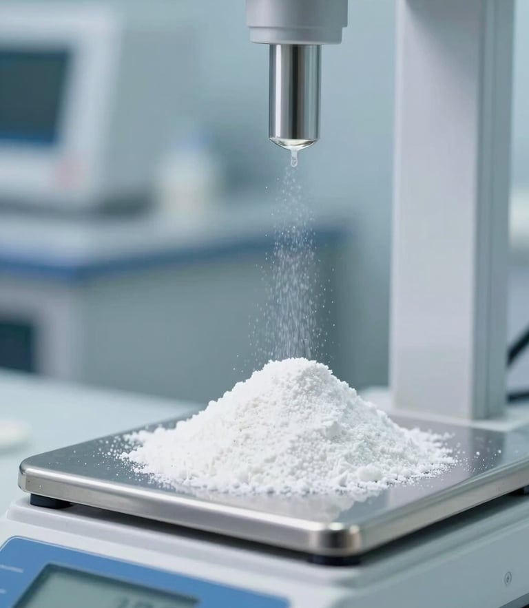 Macro shot of pure white pharmaceutical API powder being weighed on a high-precision digital scale inside a sterile cleanroom, clinical blue-tinted lighting, sharp focus, 35mm