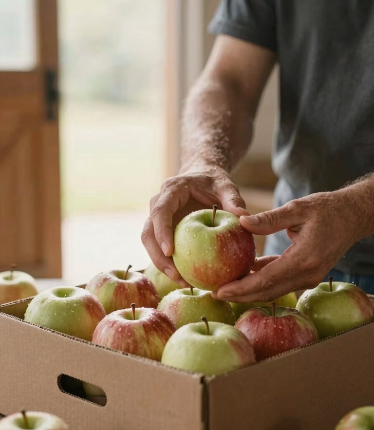 Hands packing fresh heirloom apples into a rustic cardboard subscription box, soft morning light streaming through barn doors.