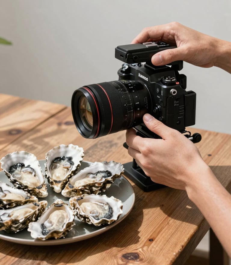 Hands adjusting a professional camera rig next to a plate of fresh oysters on a rustic wooden table, natural directional daylight with soft deep shadows.