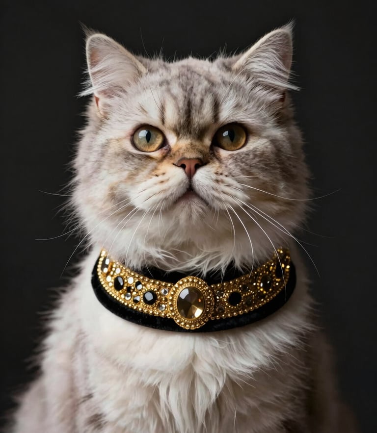 High-fashion editorial portrait of a majestic Persian cat wearing an embellished gold and black velvet collar, looking directly at the camera, dramatic studio lighting, dark background, 35mm