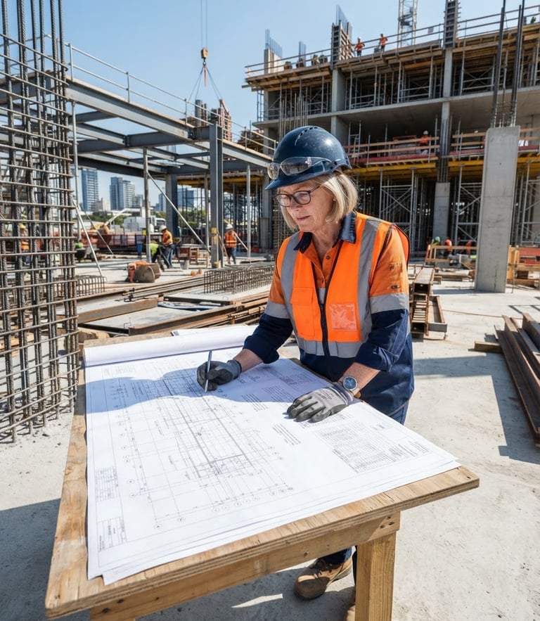 A professional senior engineer in a navy hardhat and high-visibility vest reviewing architectural blueprints on a sunlit structural construction site, sharp focus, technical grid feel