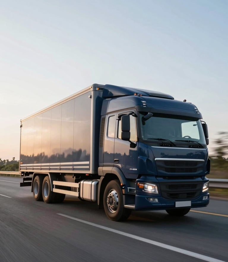 Dynamic low angle shot of a modern dark blue cargo truck moving fast on a highway at sunrise, motion blur, 35mm, bright morning daylight, cool metallic and slate tones