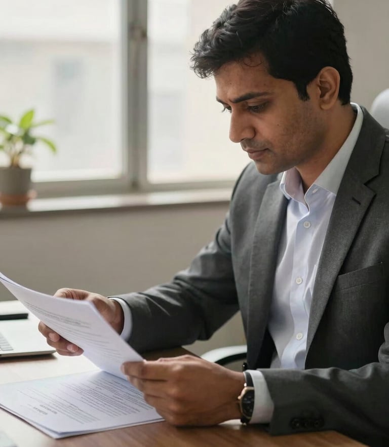 Medium close-up of a professional local advisor in a bright Delhi office, reviewing physical policy documents under warm natural window light.