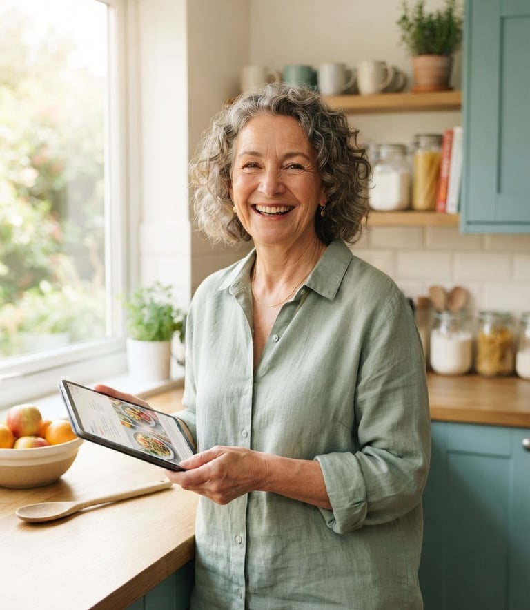 Warm editorial portrait of a smiling 65-year-old woman holding a tablet in her bright kitchen, morning light, soft teal accent