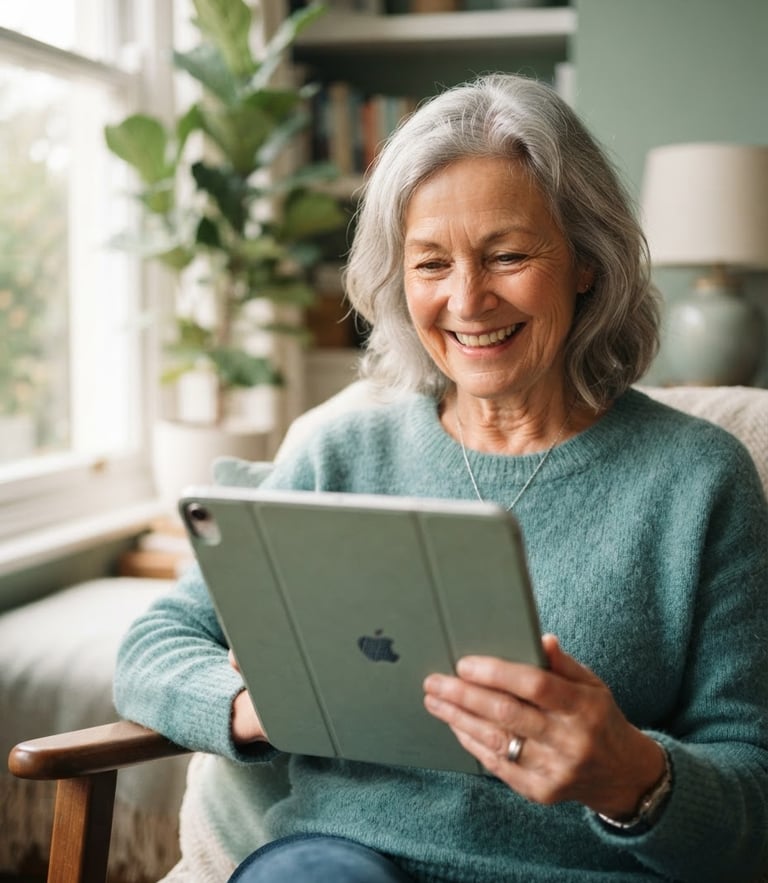 Warm editorial photography of an active older woman smiling as she looks at a tablet screen, soft natural morning light, gentle teal and sage tones, shallow depth of field, 35mm