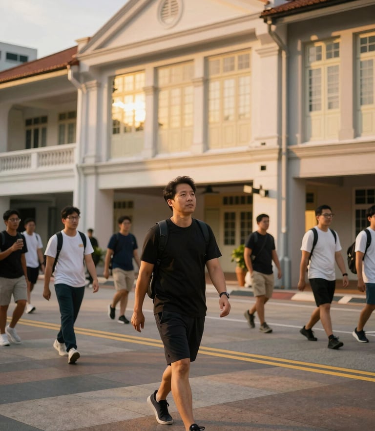 Wide environmental shot of Victor Tan guiding a specialized tour outdoors, golden-hour light reflecting on historic Singapore architecture, candid expression, active movement.