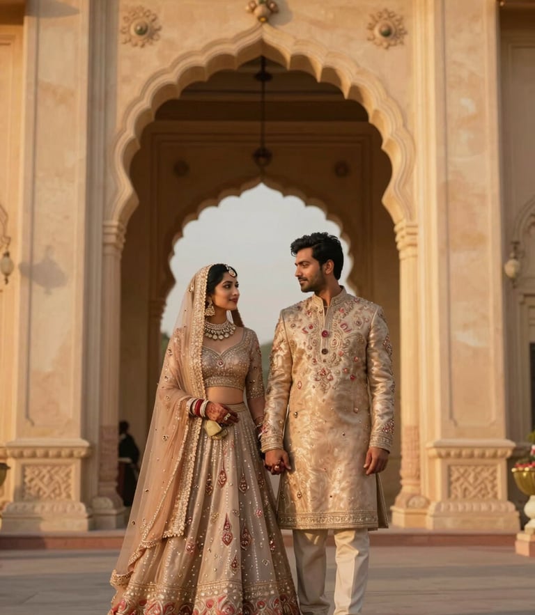 An elegant Indian couple in exquisite champagne couture, standing hand-in-hand under a grand palace archway, golden-hour rim lighting, warm ambient glow, 85mm cinematic photography.