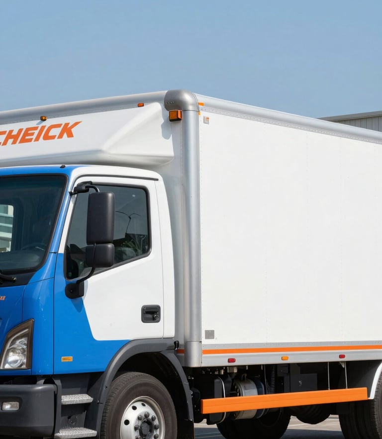 Crisp commercial photography of a clean blue and orange branded moving truck parked on a clear day, sharp focus, high detail.