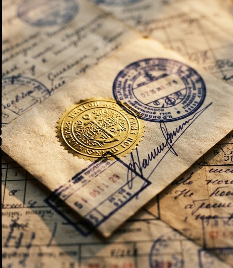 Macro close-up of official shipping documents, stamps, and signatures under clean office lighting, deep navy and gold tones, shallow depth of field