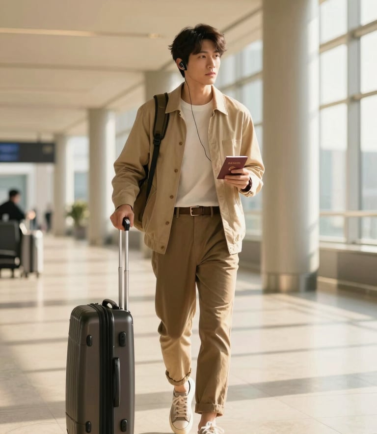 A stylish traveler walking hands-free through a modern, sunlit architectural terminal, holding a passport, with premium luggage standing nearby, warm golden tones, shallow depth of field, 35mm portrait