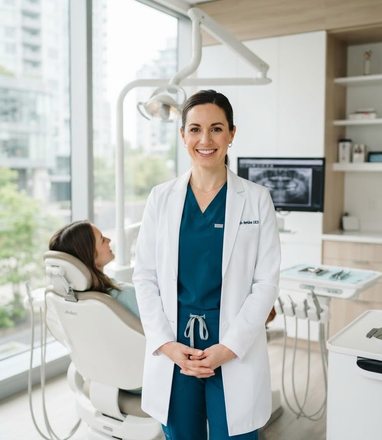 Bright commercial portrait of a dentist in a clean, modern clinic, natural window light, professional editorial style, 50mm