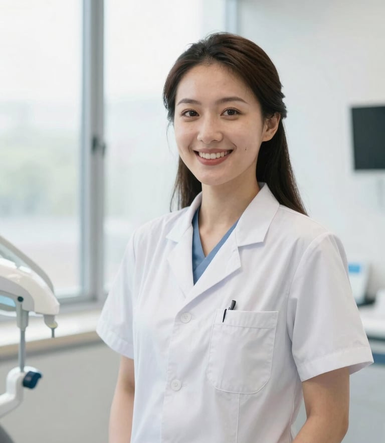 Professional portrait of a female clinician in a bright, modern dental office, smiling confidently, clean natural window light, sharp focus, 50mm.