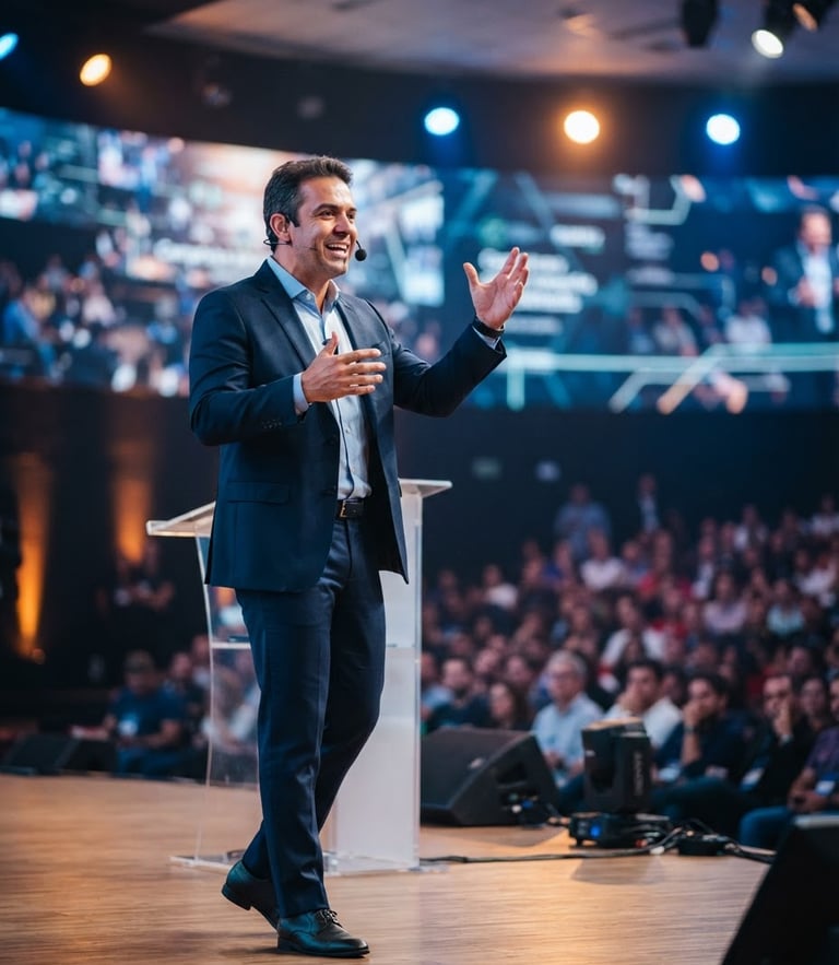 Vibrant corporate stage in Campinas with professional lighting, an expressive speaker gesturing during a presentation, sharp focus, clean composition.