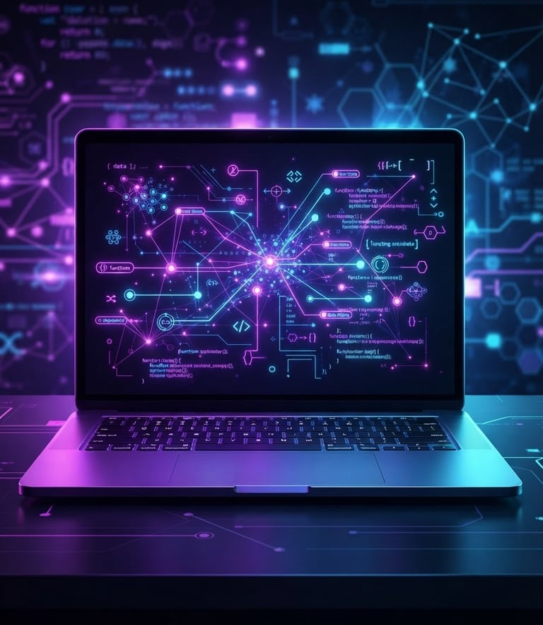 Vibrant digital illustration of sleek laptop displaying glowing code nodes, dark background, neon violet and cyan accents, clean vector shapes.