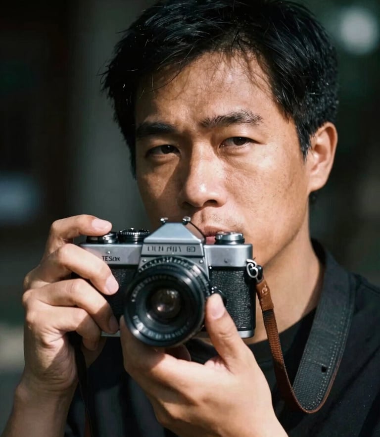 A close-up portrait of Vietnamese photographer Nguyen Hoa Bac holding a vintage mechanical camera, high-contrast natural light, deep shadows, cinematic editorial, 35mm film grain