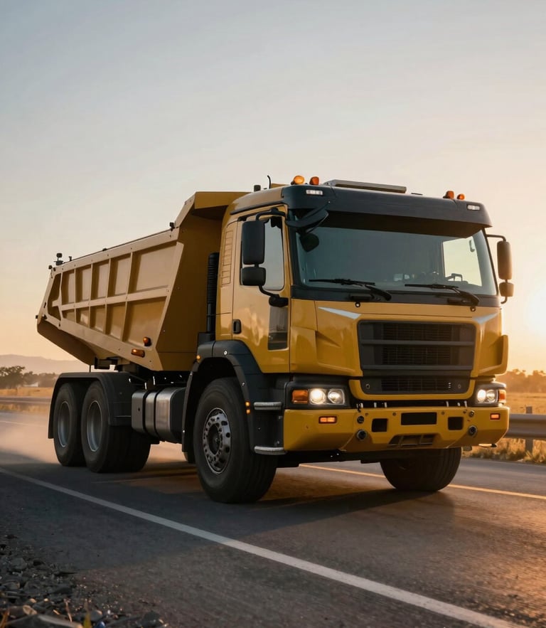 Cinematic industrial photography of a heavy-duty modern truck driving through the Bajío highway at sunrise, sharp focus, high contrast, golden hour light, 35mm lens