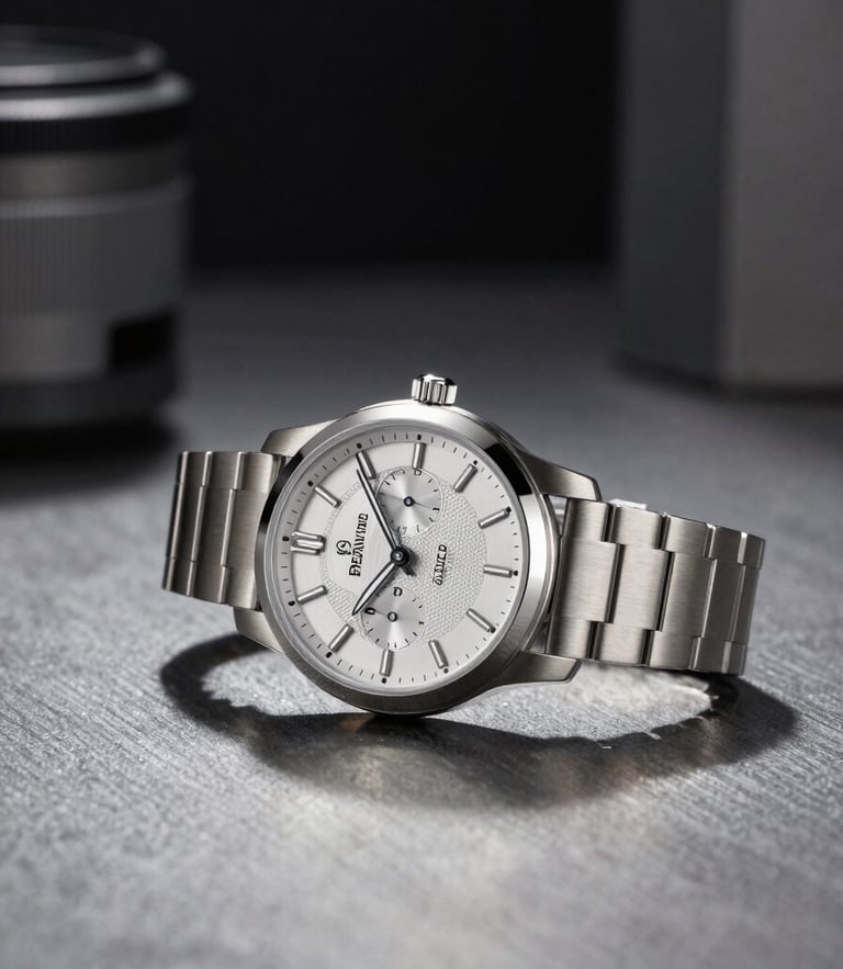 Sharp product photography of a premium designer watch on a cool metal surface, dramatic high-contrast studio lighting, dark minimalist industrial background