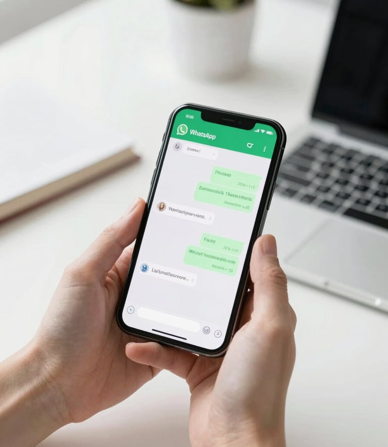 Bright high-key commercial photography, a clean minimalist tech workspace with a hand holding a smartphone showing a green WhatsApp chat interface, soft natural daylight, shallow depth of field, 35mm