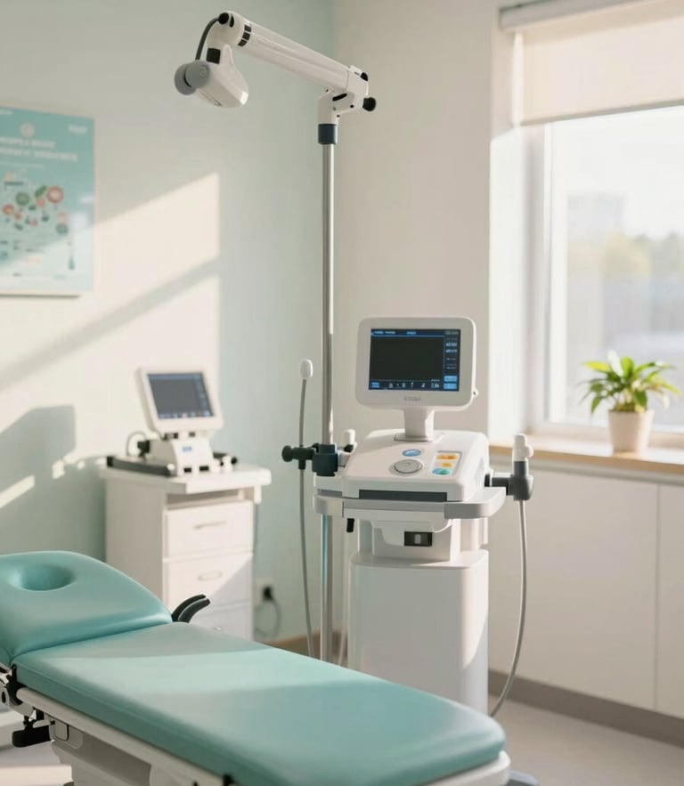 Bright modern veterinary clinic interior, warm natural light, clean examination room with state-of-the-art equipment, soft teal accents, professional 35mm photography