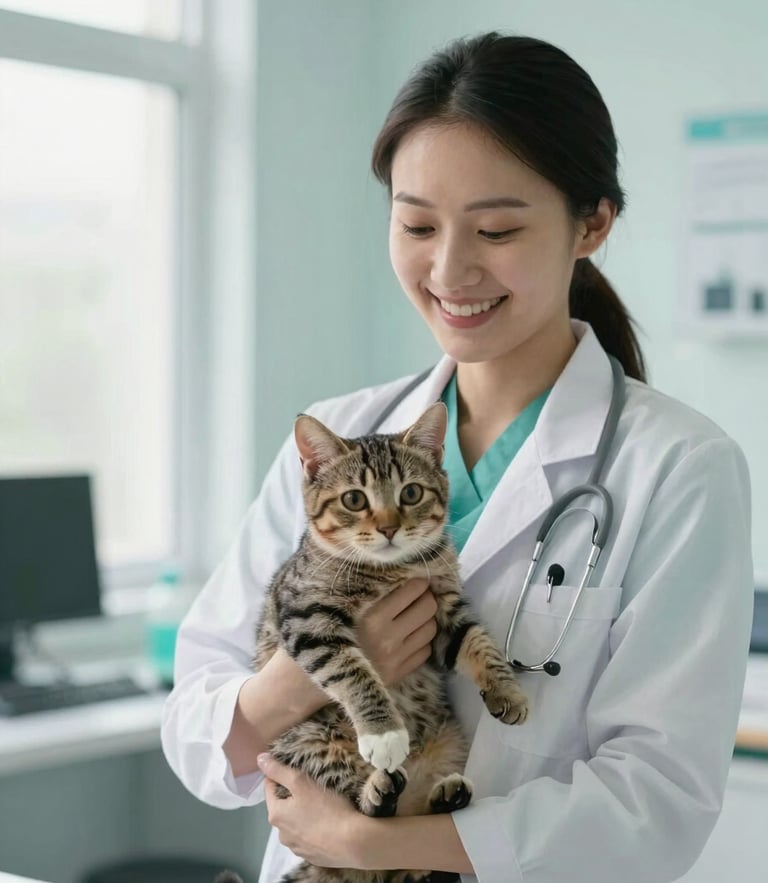 A warm clinical photograph of a smiling veterinary doctor gently holding a small healthy tabby cat in a bright modern clinic, soft teal tones, natural daylight.