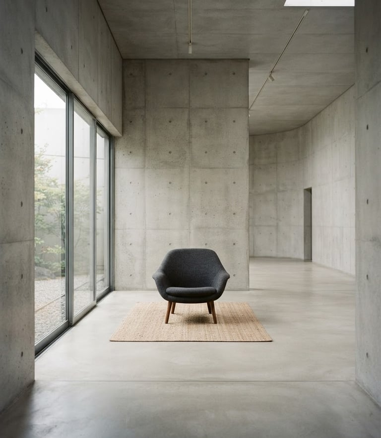 Architectural editorial photography of a minimalist concrete gallery space, soft natural window light, muted neutral tones, medium format film, 80mm lens, a single low-slung charcoal lounge chair in the center.
