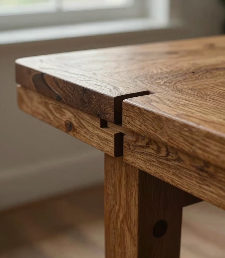 Moody editorial photography, natural window side-light, extreme macro detail of interlocking mortise-and-tenon wood joints on a heavy oak table, shallow depth of field, 35mm