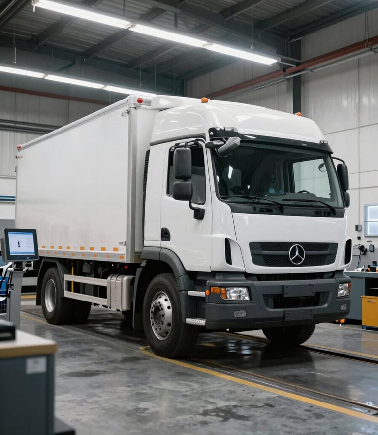 Crisp overhead lighting illuminating a clean, organized vehicle workshop bay, a commercial freight truck positioned over a service pit, diagnostic equipment nearby.