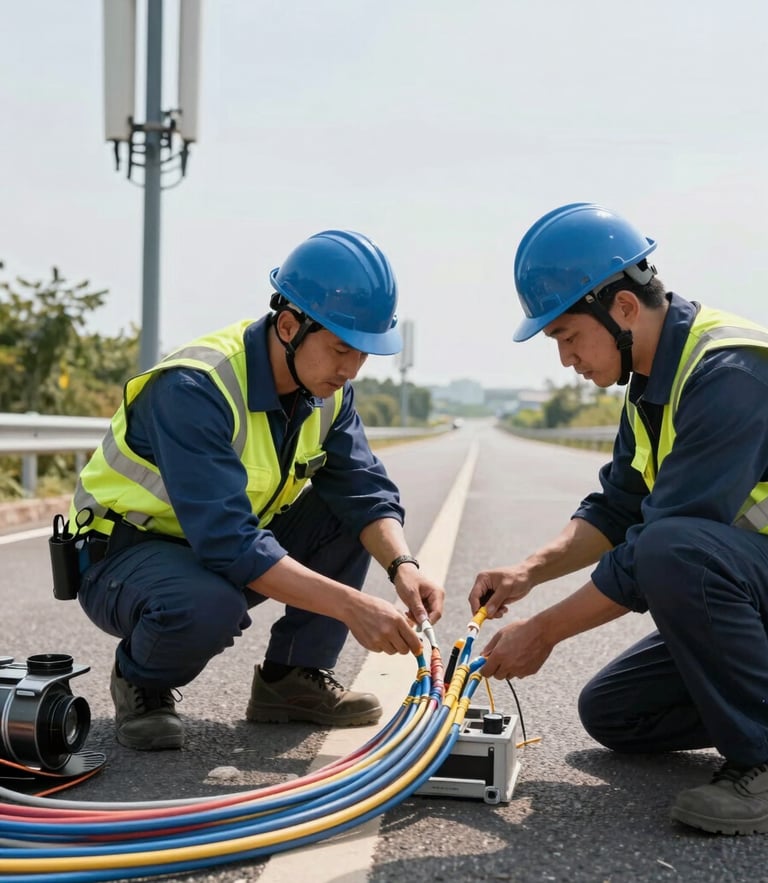 Wide environmental shot of telecom engineers splicing fiber optic cables in a clean, professional roadside setup, bright daylight.