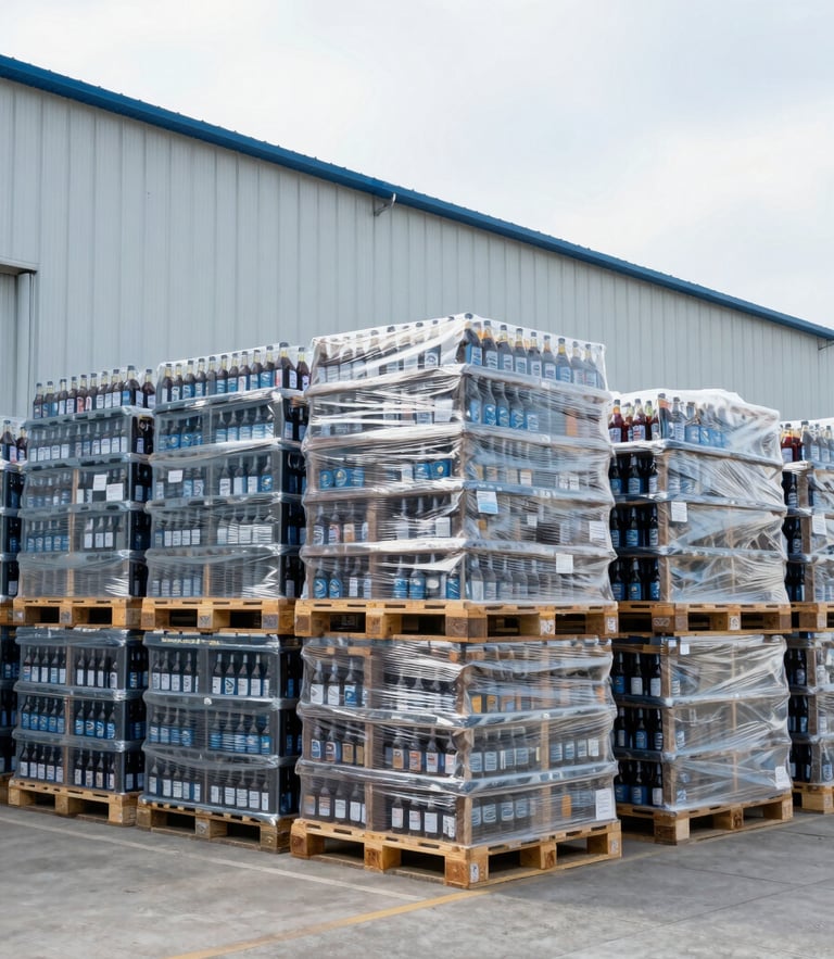 Wide-angle crisp industrial warehouse with organized high-quality beverage pallets, bright natural overcast daylight, cool steel tones