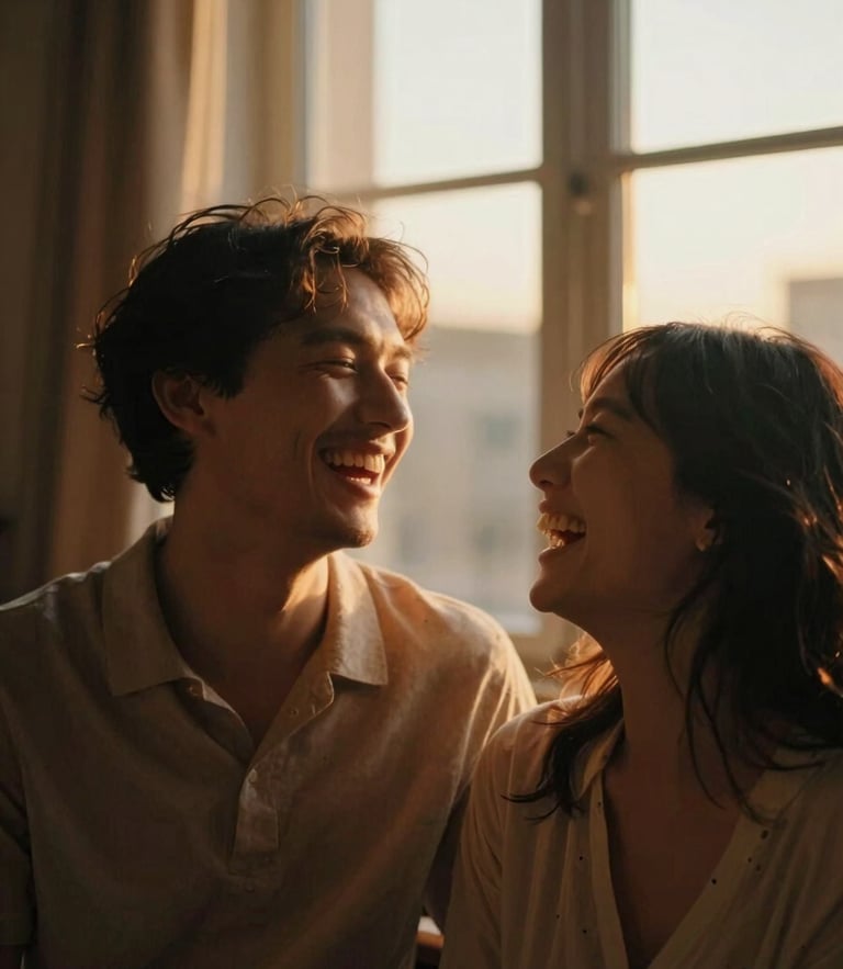 A warm editorial portrait of a couple laughing mid-breath, soft golden-hour window light, rich organic tones, cinematic, shallow depth of field, 35mm film grain.