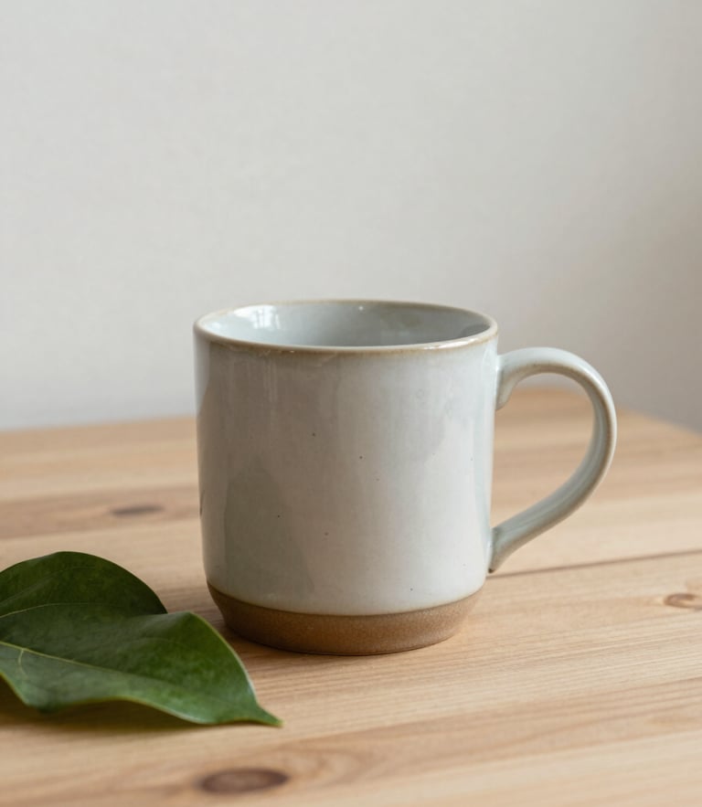 Editorial clinical photography, soft diffused daylight, a ceramic mug on a clean wooden table next to a green leaf, minimalist composition, 35mm lens.