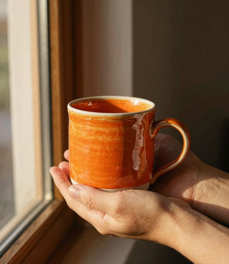 Warm editorial photography of a hand-thrown ceramic mug with bright orange glaze, cradled in hands near a wooden window frame with golden-hour light, 35mm film.