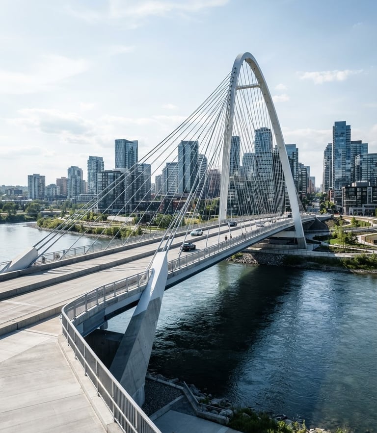 Crisp bright daylight architectural shot of a modern concrete and steel bridge spanning a clean river, high contrast, deep navy shadows, elegant corporate photography style