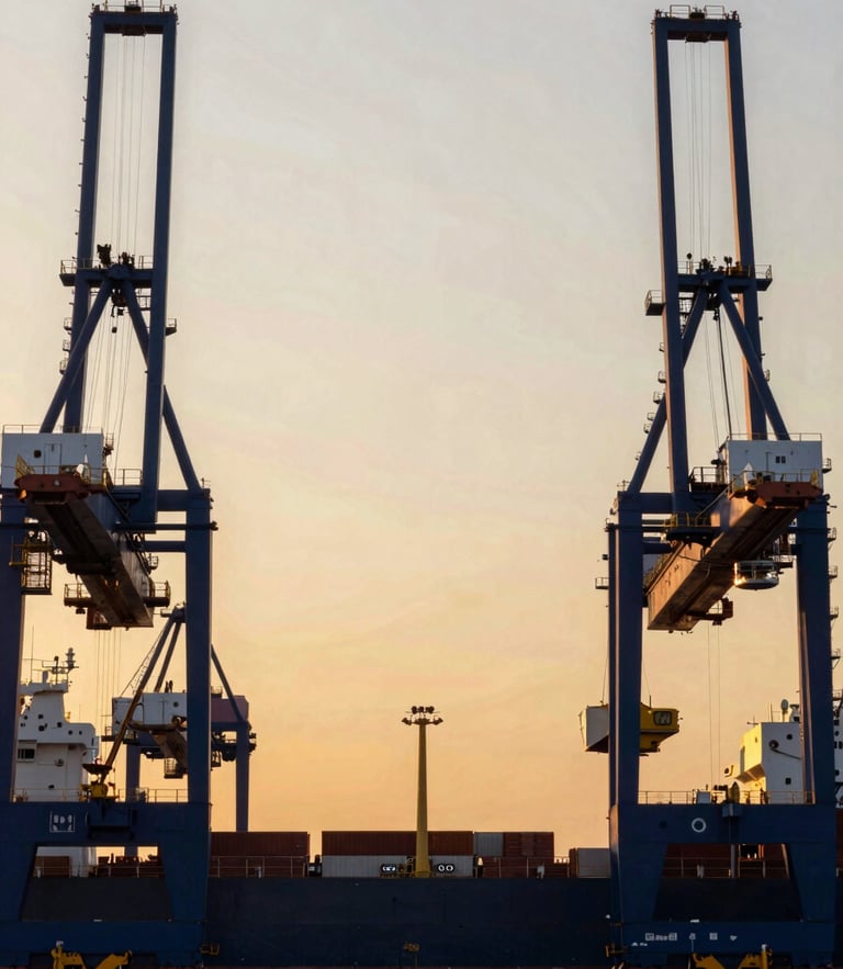 Wide architectural shot of a modern deepwater shipping terminal at sunset, cargo cranes framed symmetrically against a golden sky, high contrast, elegant corporate photography, 35mm.