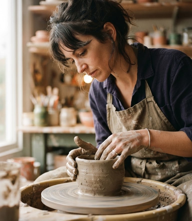 A close-up portrait of a ceramic artist with dusty hands, looking thoughtfully down at a half-formed clay vessel on a wooden wheel, soft side-light from a window, warm tones.