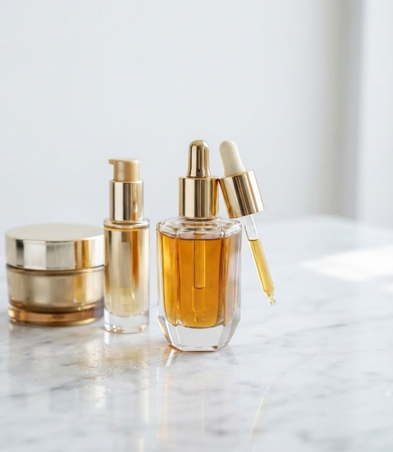 Polished studio product photography of luxury hair oils and gold-accented cosmetic bottles on a clean white marble surface, high-key lighting, soft gold reflections