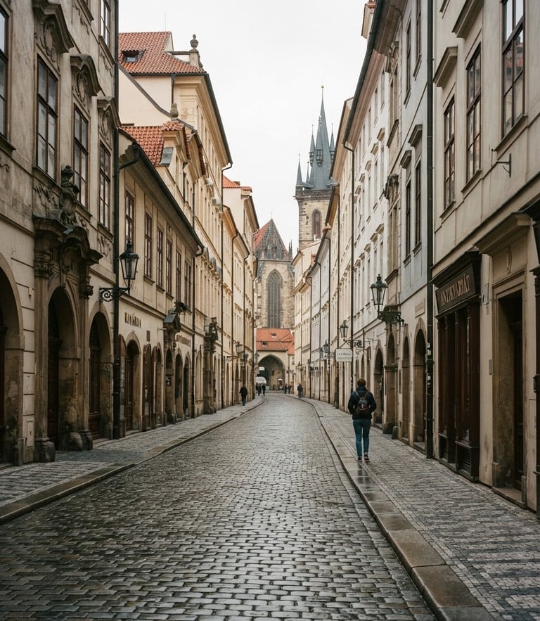 A photojournalistic wide shot of a historic city street with natural overcast daylight, a person walking in the distance, sharp focus, 35mm lens style.
