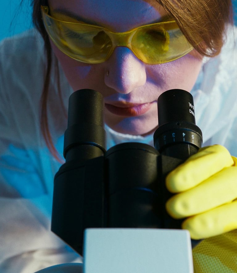 a woman in a lab coat and gloves holding a microscope