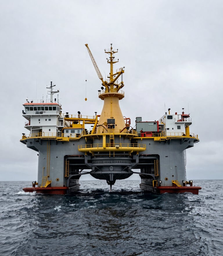 A heavy-lift pipelaying vessel active in overcast North Sea gray waters, massive steel stinger visible at the stern, high-contrast natural lighting, ultra-wide environmental shot.