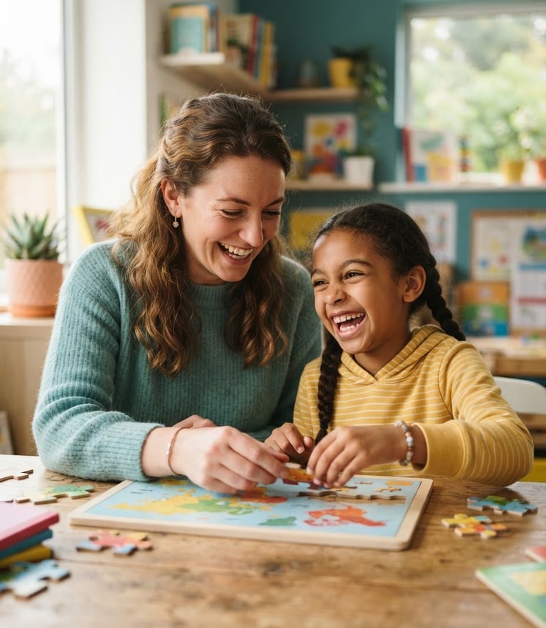 A warm candid portrait of a female tutor laughing with a young student as they solve a puzzle together in a bright, modern room, soft teal and yellow accents, shallow depth of field