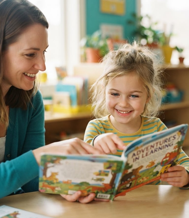 A candid close-up of a young child smiling while reading a colorful book next to an adult tutor, bright natural daylight, soft yellow and teal accents, shallow depth of field.