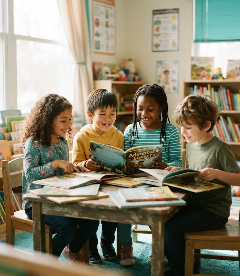 Candid medium shot of diverse children reading together in a bright, sunlit room, soft natural daylight, shallow depth of field, cheerful teal accents.