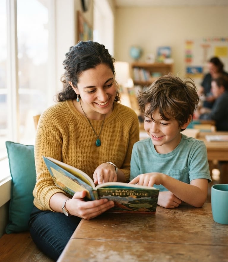 Candid medium shot of a tutor helping a smiling young student read a book, warm natural window light, soft teal accents, shallow depth of field.