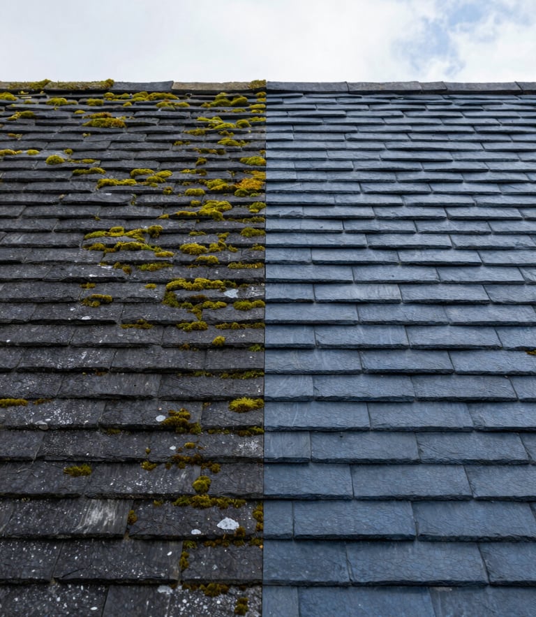 Straight-on architectural crop of a split-screen before and after restoration of an Irish slate roof, left side dark with green moss, right side clean blue-grey slate under bright overcast daylight.