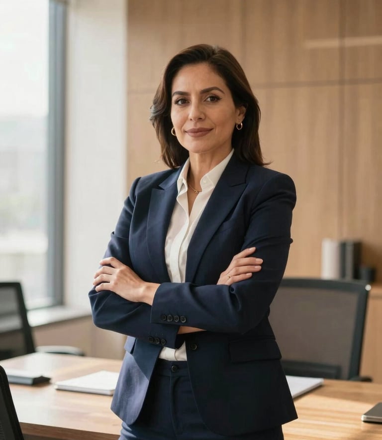Portrait of a confident Mexican attorney in a modern office in CDMX, warm natural daylight, soft shadows, professional setting, 50mm