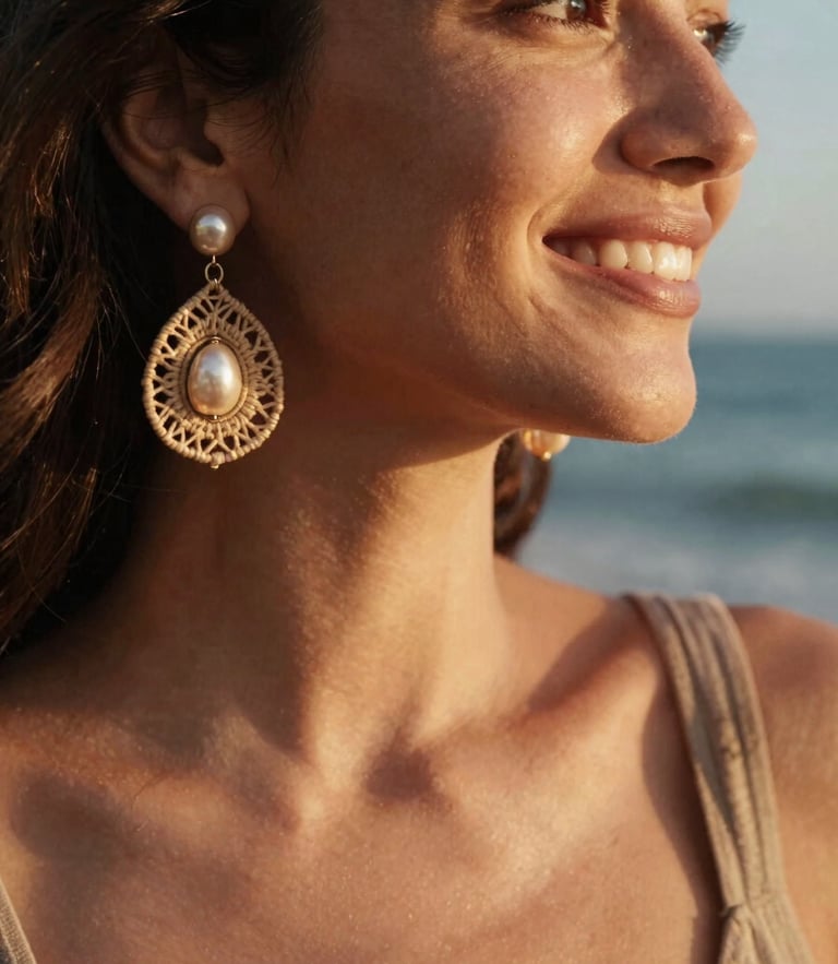 Close-up of a smiling woman wearing micromacramé earrings with local pearls, warm golden-hour coastal sunlight casting soft shadows, 35mm film style.