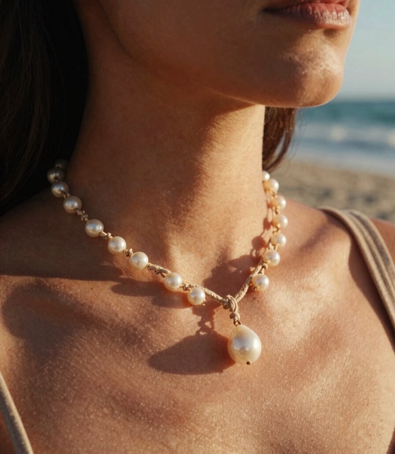Close-up of a woman wearing a delicate micromacramé collar with a local pearl, sun-kissed skin, warm direct golden-hour sunlight casting long shadows, Sea of Cortez beach background, 35mm film.